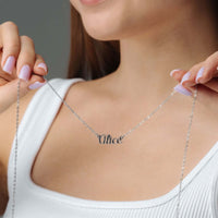 Thumbnail for Silver Name Necklace showcased on a model, featuring personalized name design by Brother & Sisters.