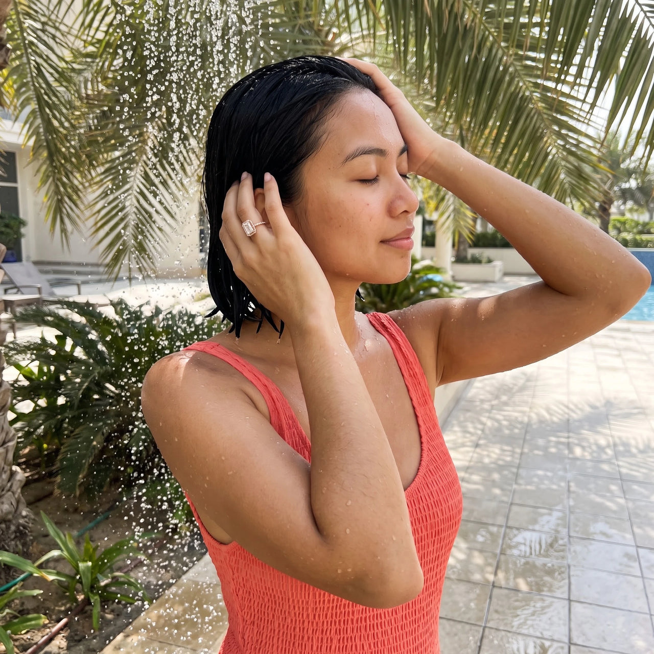 Rose Gold Rectangle Ring worn in an outdoor shower | SKU: 1969566-4-5-rose-gold