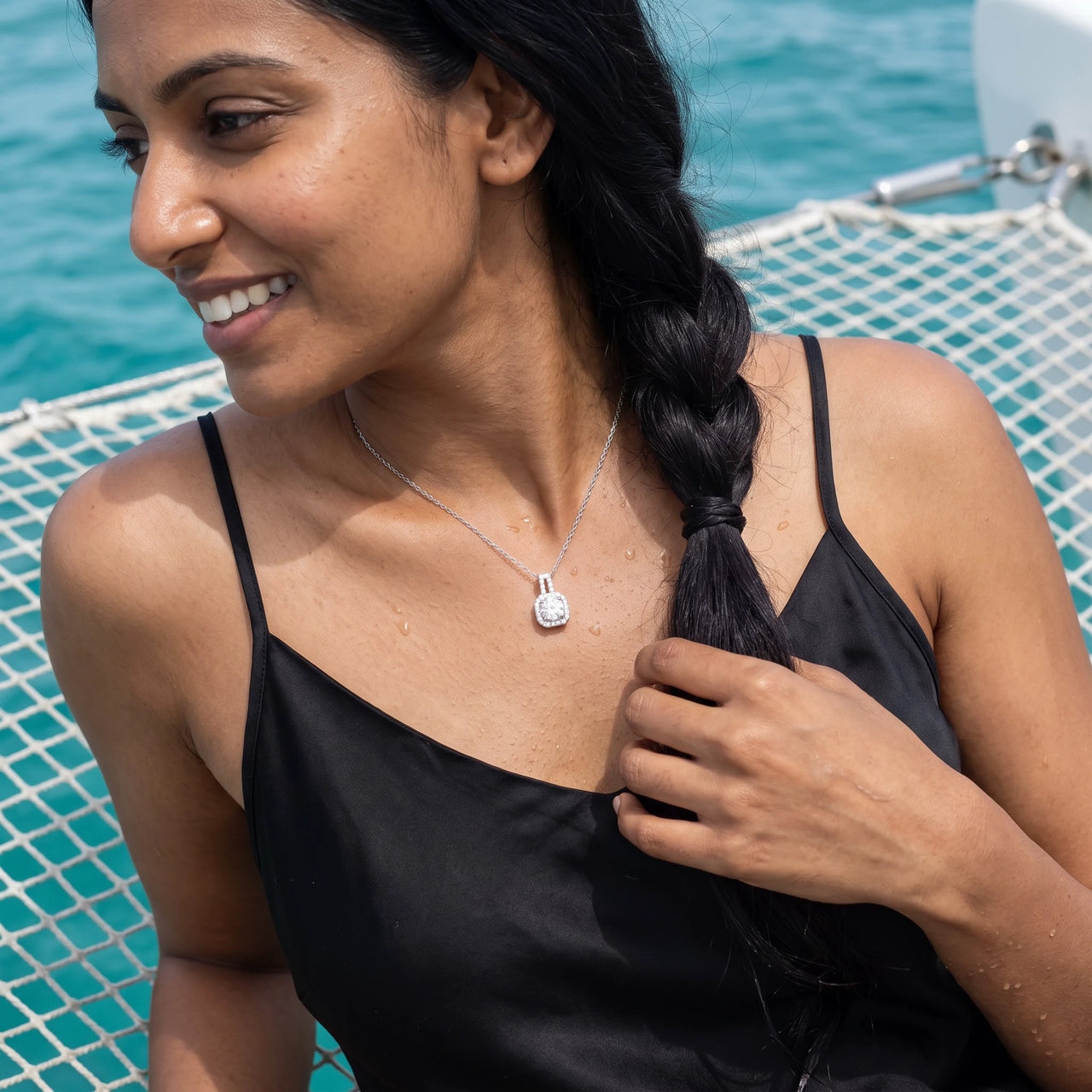 Woman relaxing on holiday wearing the silver necklace | SKU: 505762