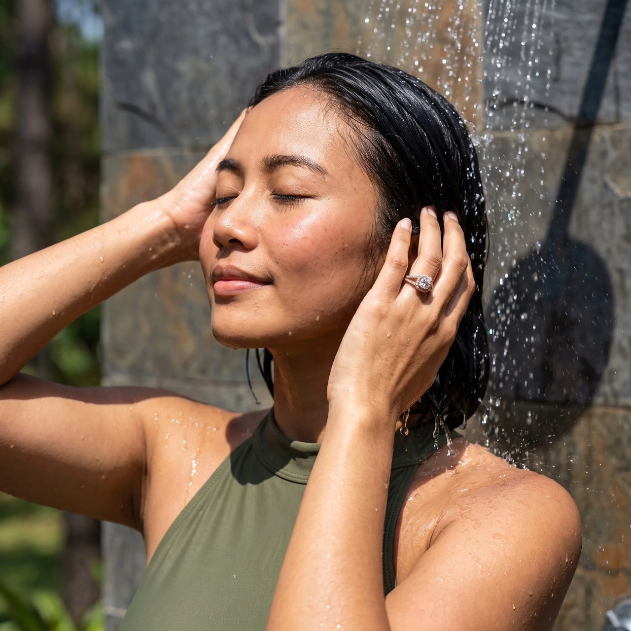 Rose Gold Square Ring worn in an outdoor shower | SKU: 346060-4.5-rose-gold