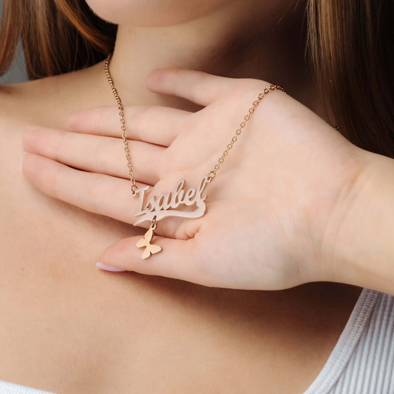 Simple Name Necklace by Brother & Sisters featuring a customizable name and elegant butterfly charm.