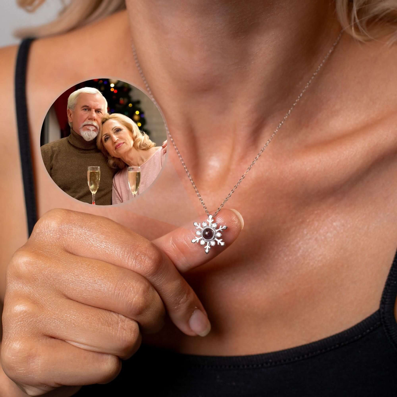 Snowflake Photo Necklace featuring a personal photo pendant, by Brother & Sisters, perfect for winter memories.