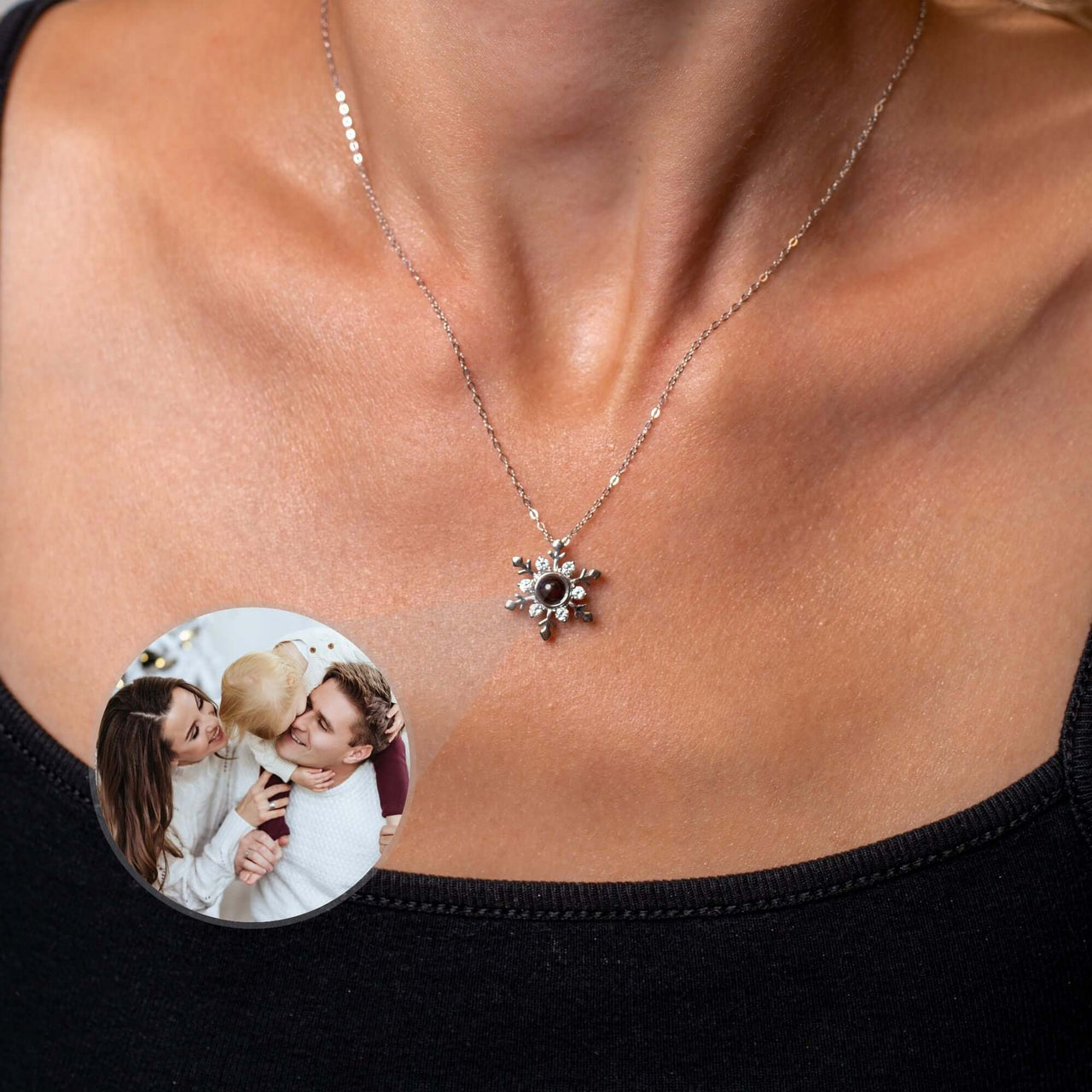 Snowflake Photo Necklace showcasing a personalized photo pendant by Brother & Sisters, perfect for winter celebrations.