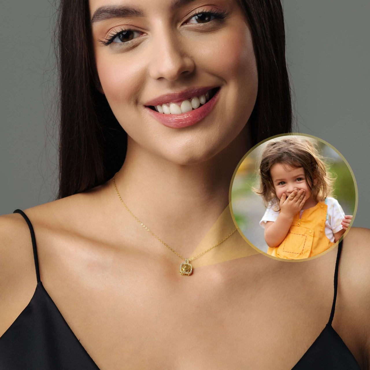 Square Photo Necklace worn by a woman, featuring a child's photo, from Brother & Sisters.