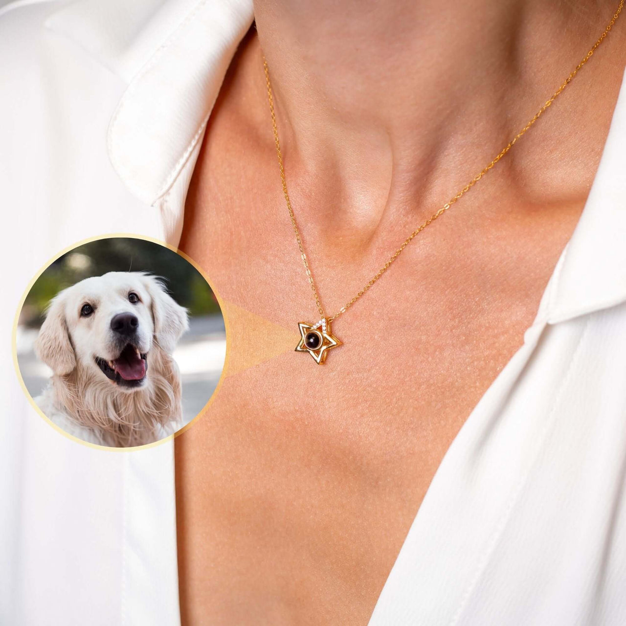 Star Photo Necklace by Brother & Sisters featuring a hidden projection of a beloved dog photo.