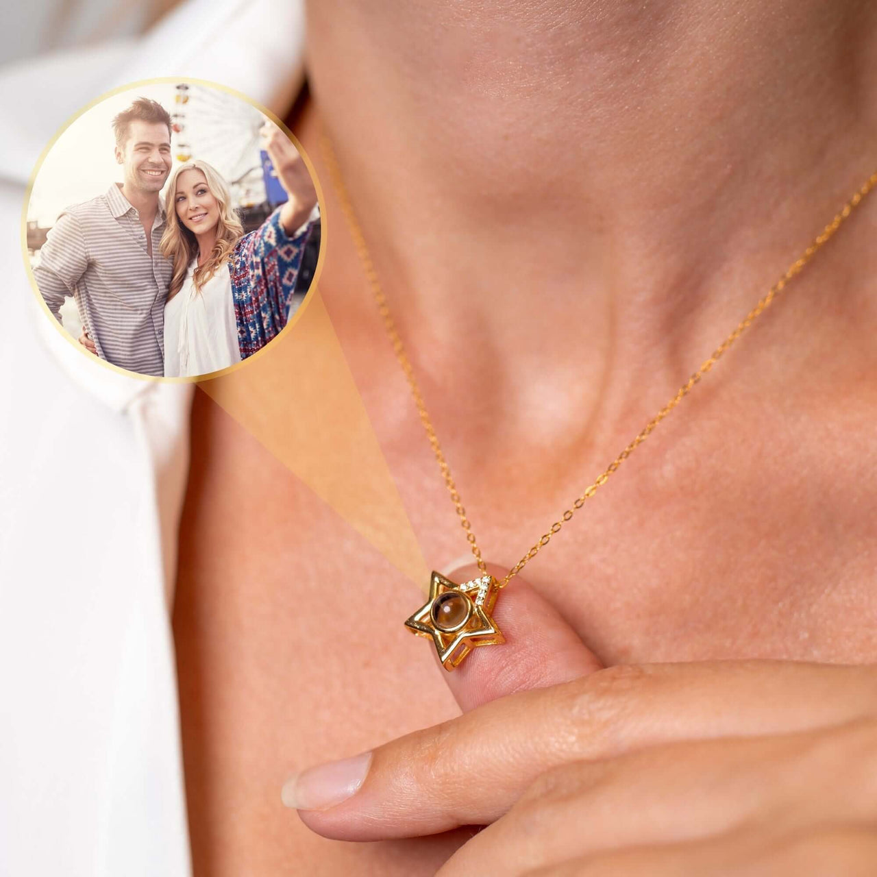 Star Photo Necklace featuring a gold star design with hidden photo projection, by Brother & Sisters.