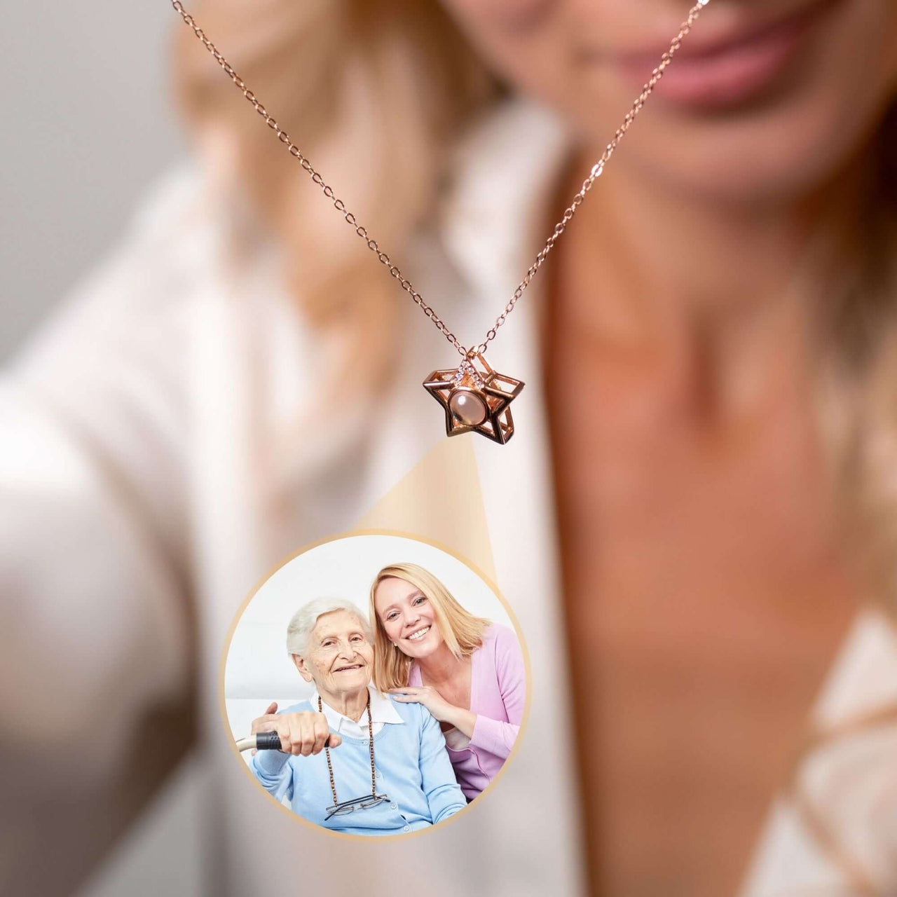 Star Photo Necklace showcasing a hidden photo projection, perfect for cherishing memories. By Brother & Sisters.