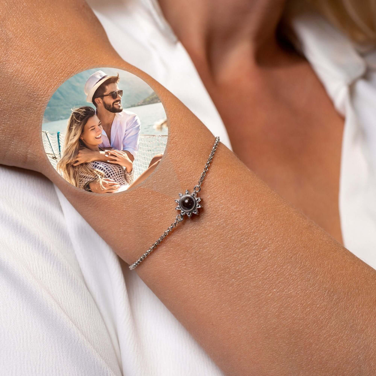Sun Photo Bracelet featuring a sun-shaped charm with a personal photo, crafted by Brother & Sisters for memorable moments.