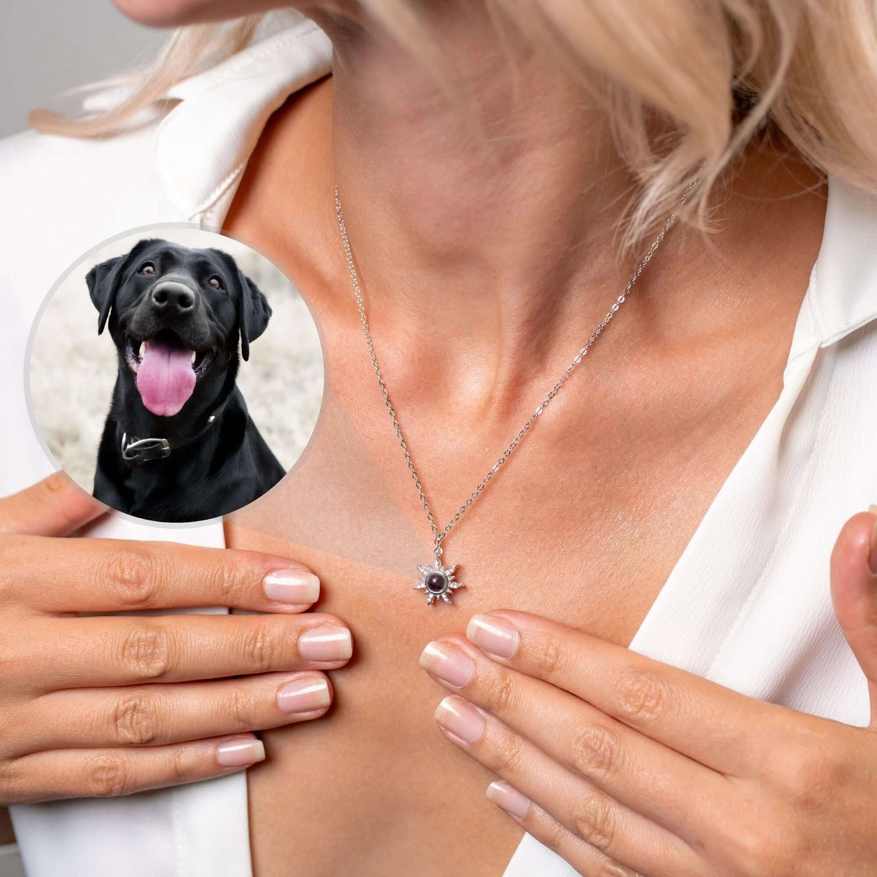 Sun Photo Necklace displayed on a woman, featuring a cherished photo of a black dog, designed by Brother & Sisters.