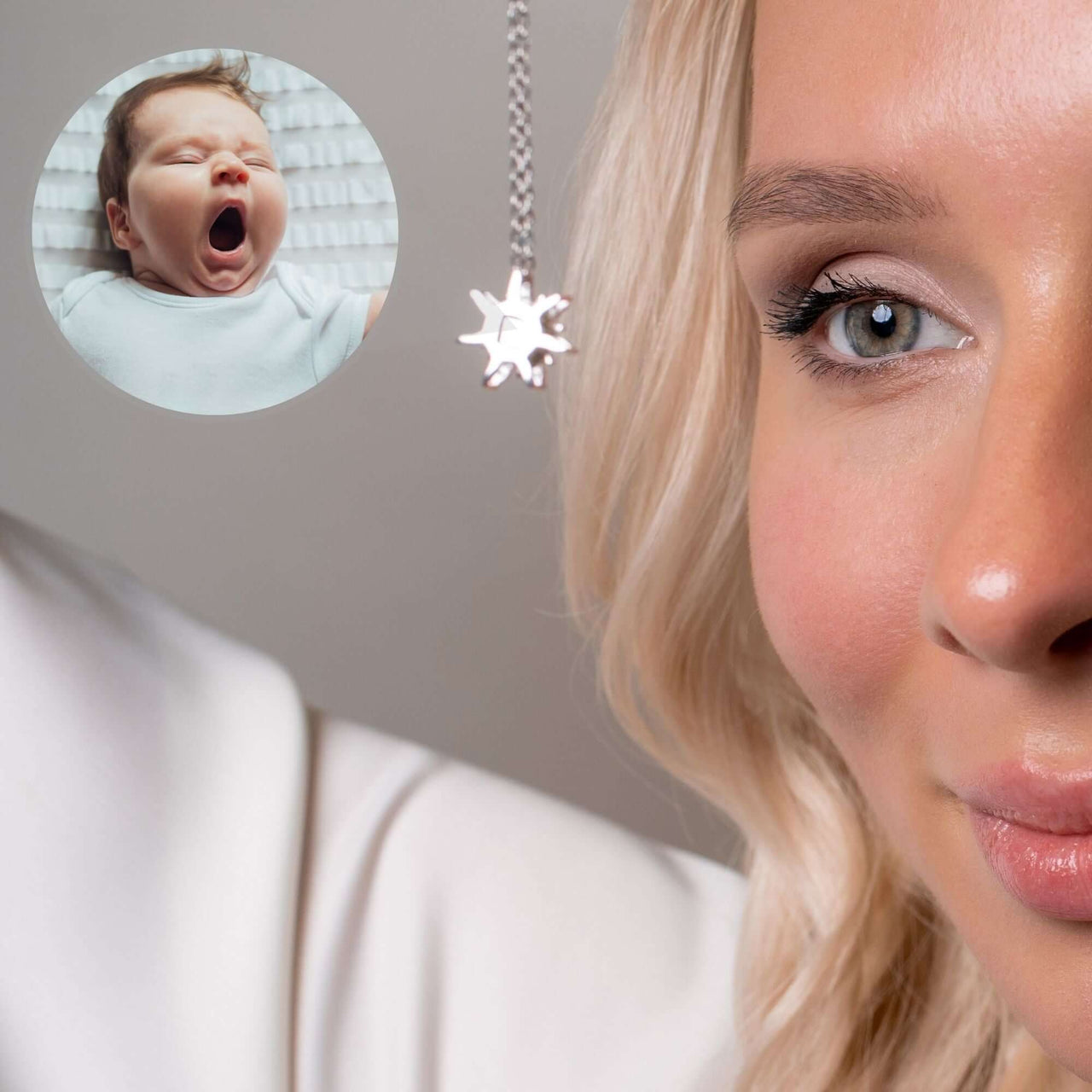 Close-up of a woman wearing a Sun Photo Necklace by Brother & Sisters, showcasing a cherished baby photo.