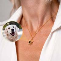 Thumbnail for Sun Photo Necklace showcasing a golden sun pendant with a customizable photo of a beloved pet, by Brother & Sisters.