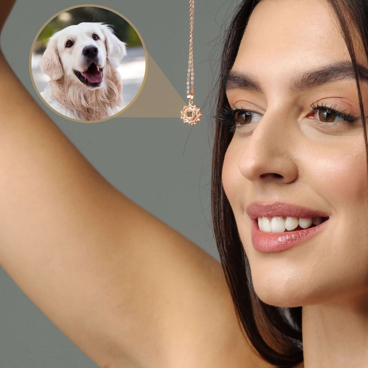 Woman wearing a Sunflower Photo Necklace featuring a golden retriever photo inside the pendant by Brother & Sisters.