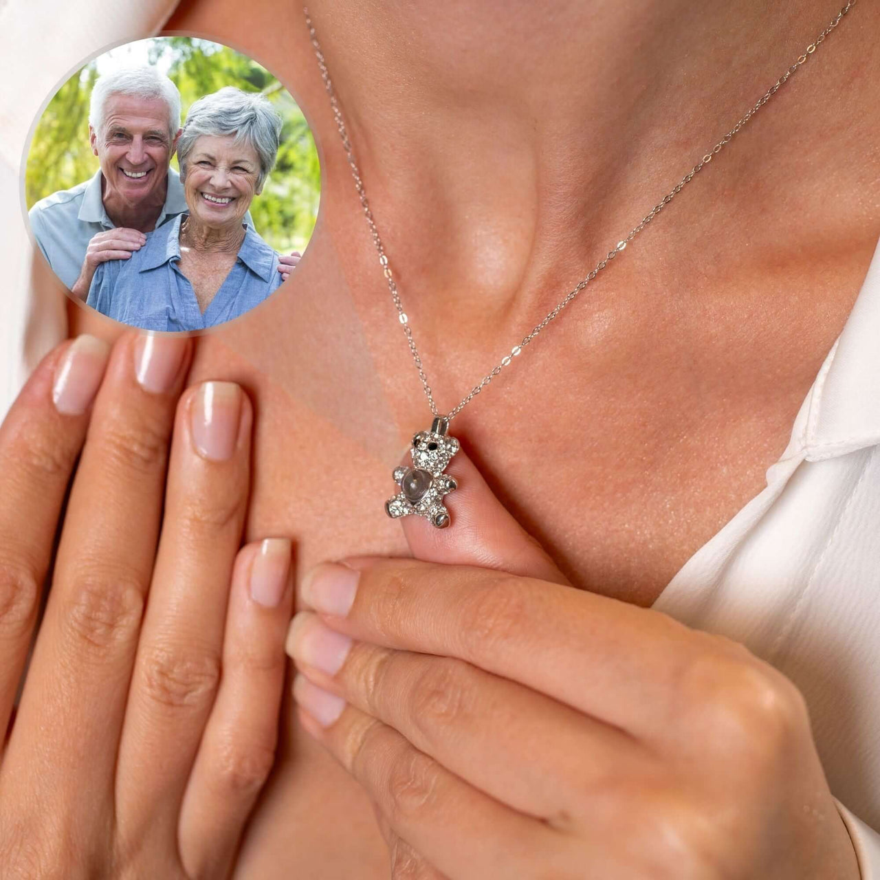 Teddy Bear Photo Necklace worn by a woman, featuring a projection of cherished memories, by Brother & Sisters.
