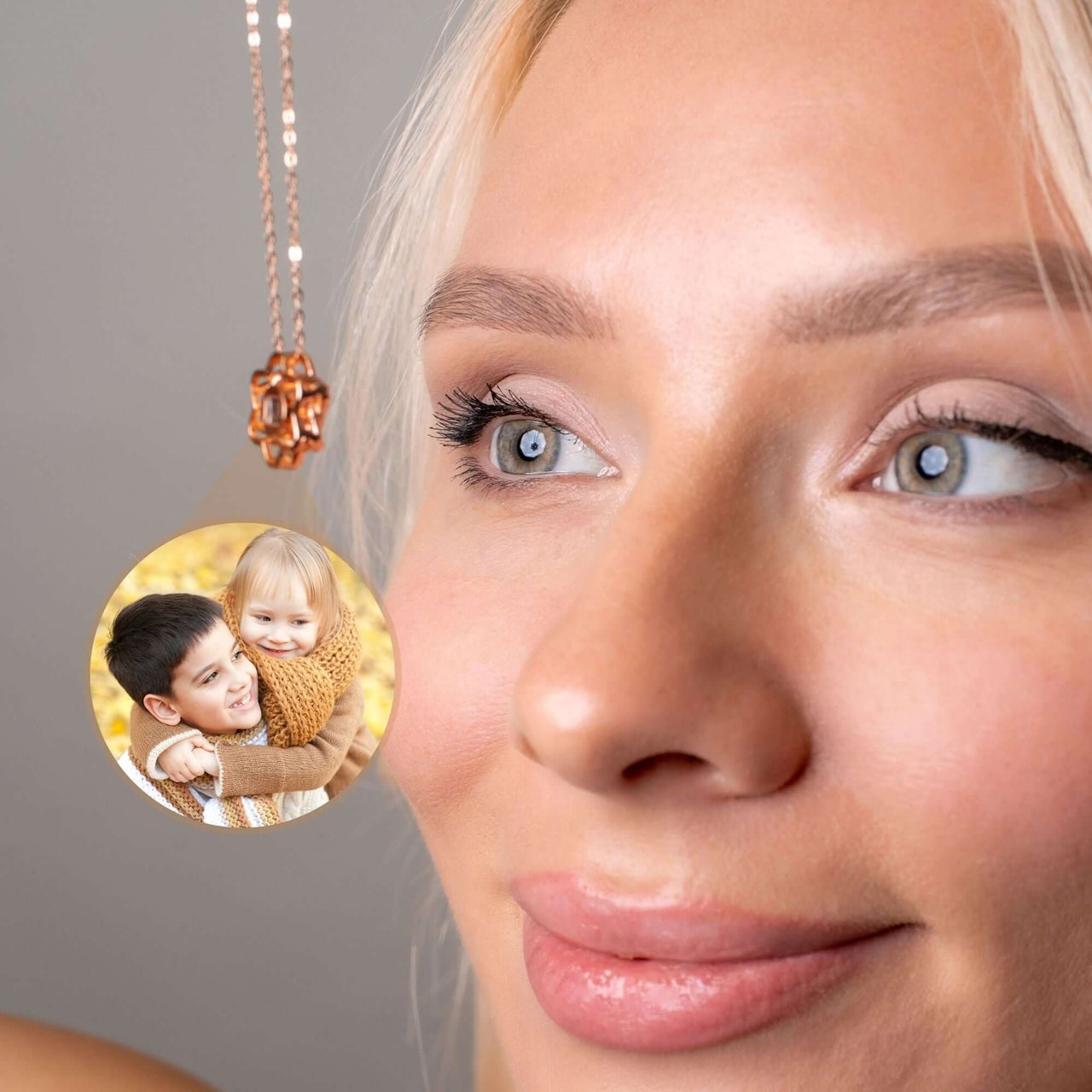 Triangle Photo Necklace worn by a woman, showcasing a personalized photo of two children as a sentimental jewelry piece by Brother & Sisters.