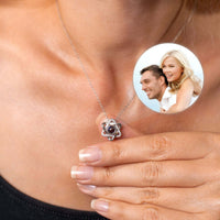Thumbnail for Triangle Photo Necklace from Brother & Sisters featuring a personalized photo pendant worn by a woman.