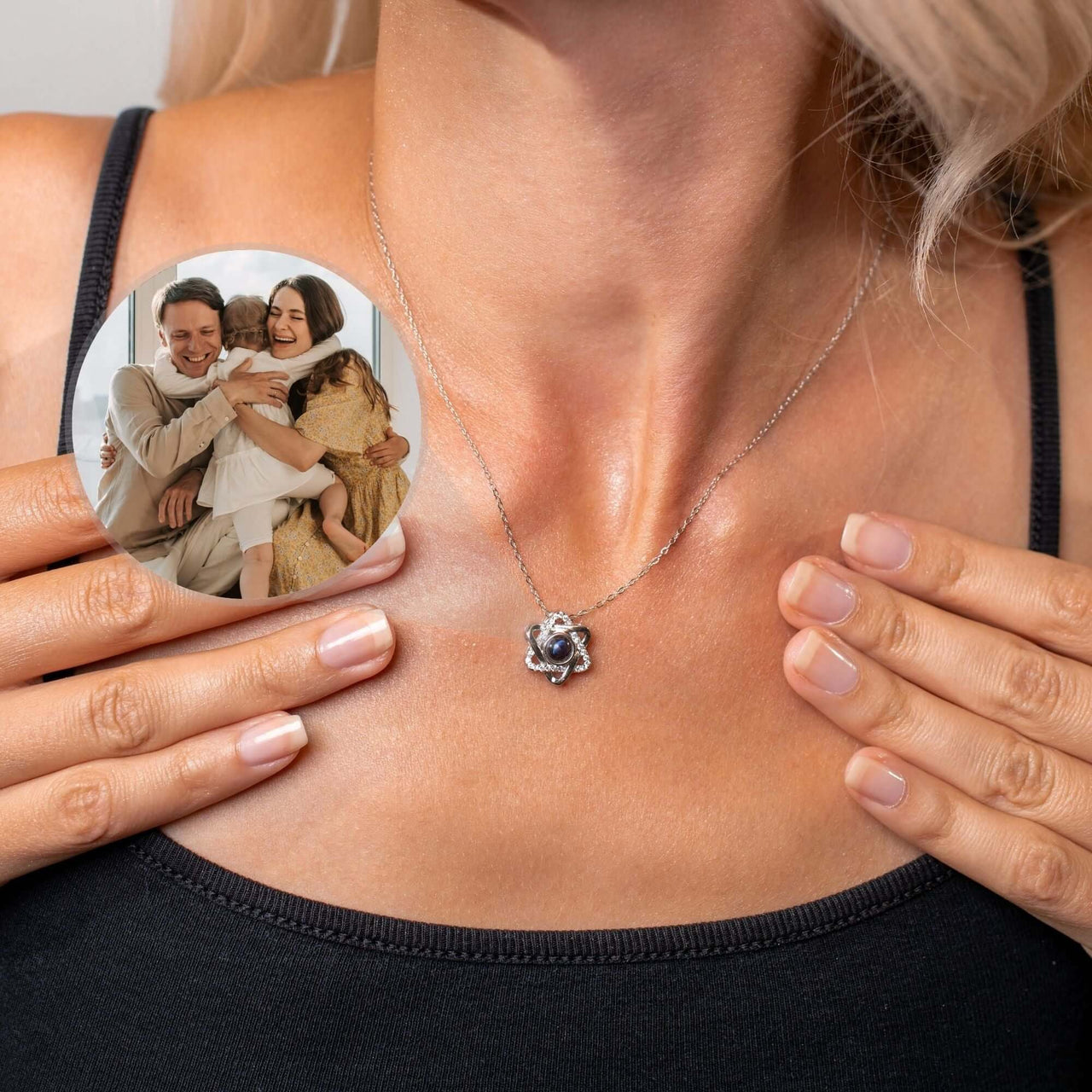 Triangle Photo Necklace worn by woman, featuring personalized photo insert for cherished memories - Brother & Sisters.