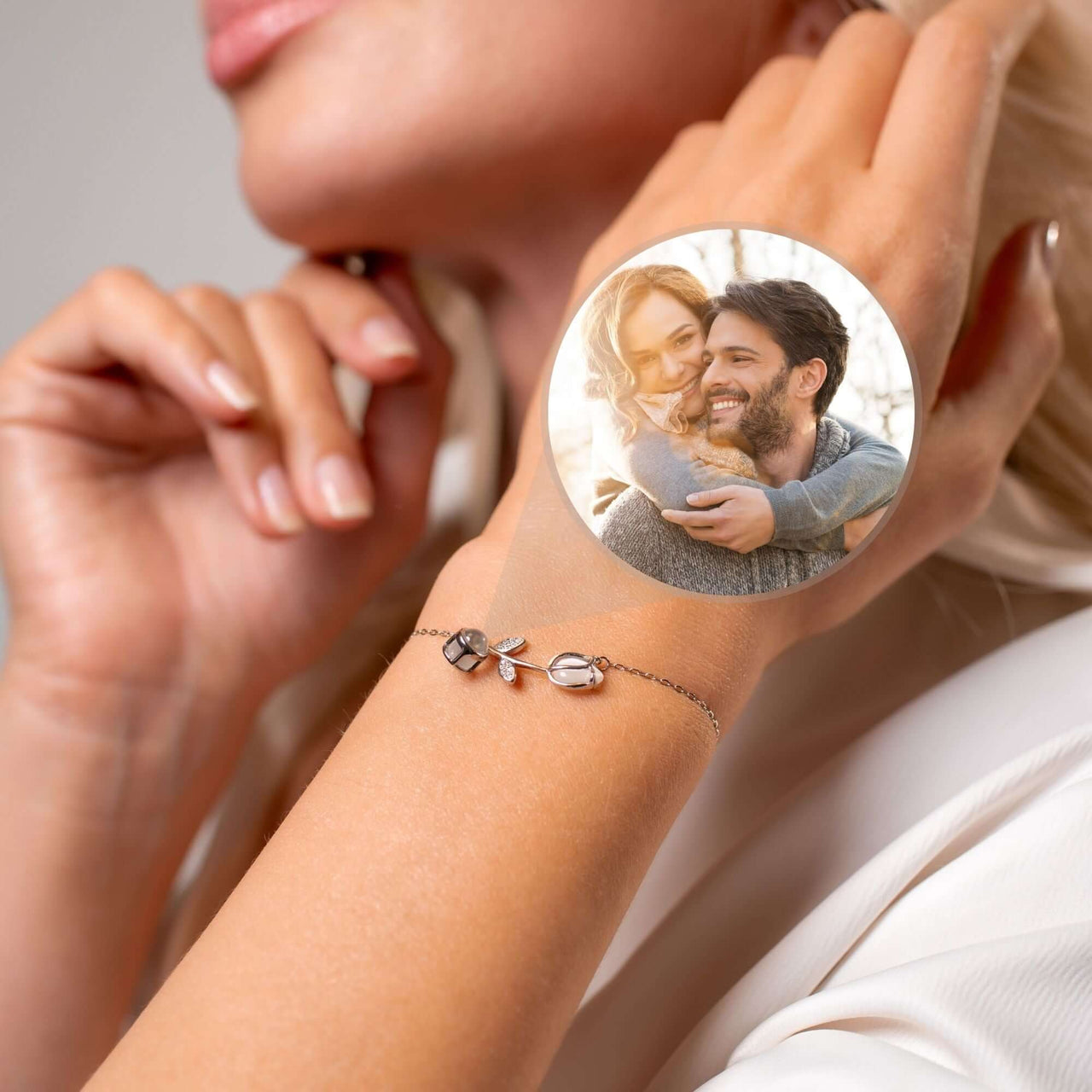 Tulip Photo Bracelet featuring a delicate tulip charm and a hidden photo projection by Brother & Sisters.