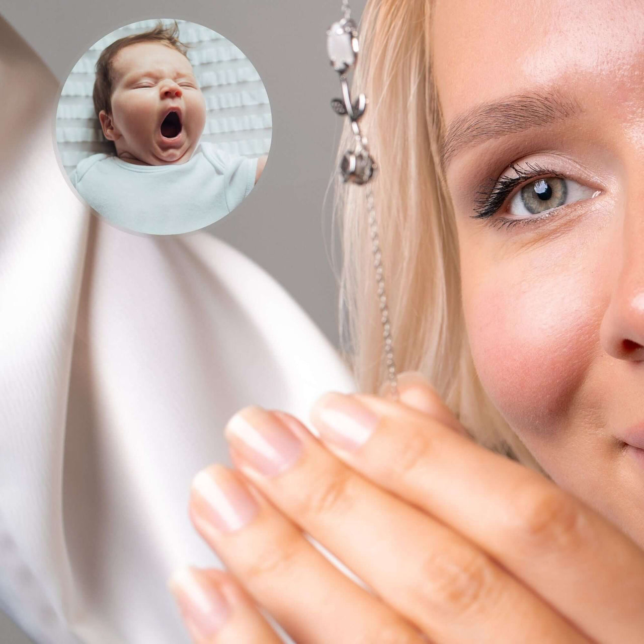 Close-up of a woman wearing the Tulip Photo Bracelet, showcasing a hidden photo projection of a yawning baby.