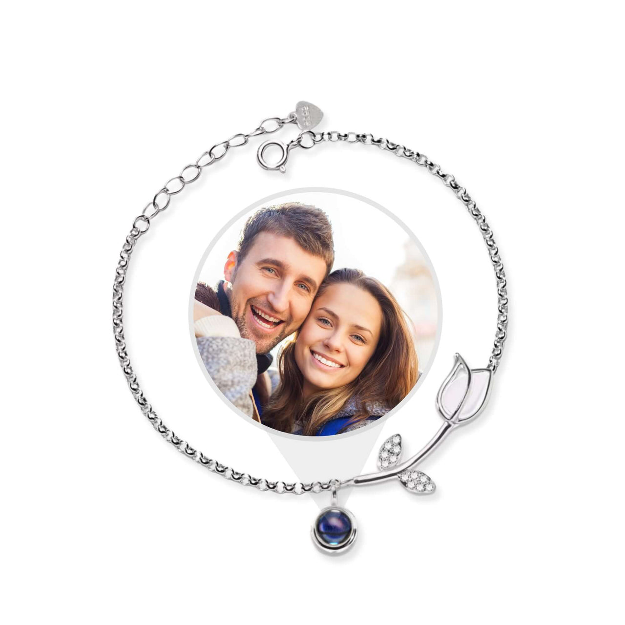 Tulip Photo Bracelet featuring a tulip-shaped charm and hidden photo projection by Brother & Sisters.
