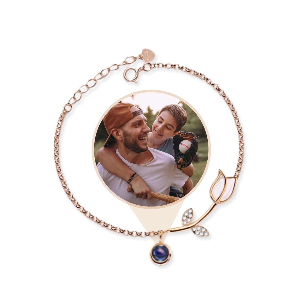 Tulip Photo Bracelet by Brother & Sisters featuring a tulip charm and hidden photo projection.