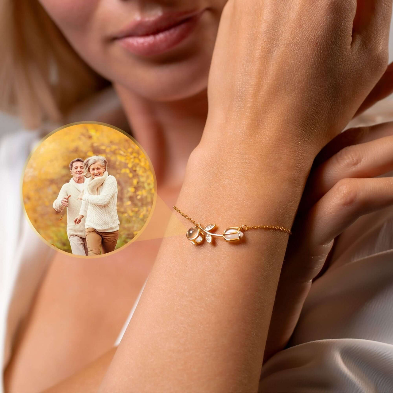 Tulip Photo Bracelet by Brother & Sisters, featuring a tulip charm and hidden photo projection for personalized style.