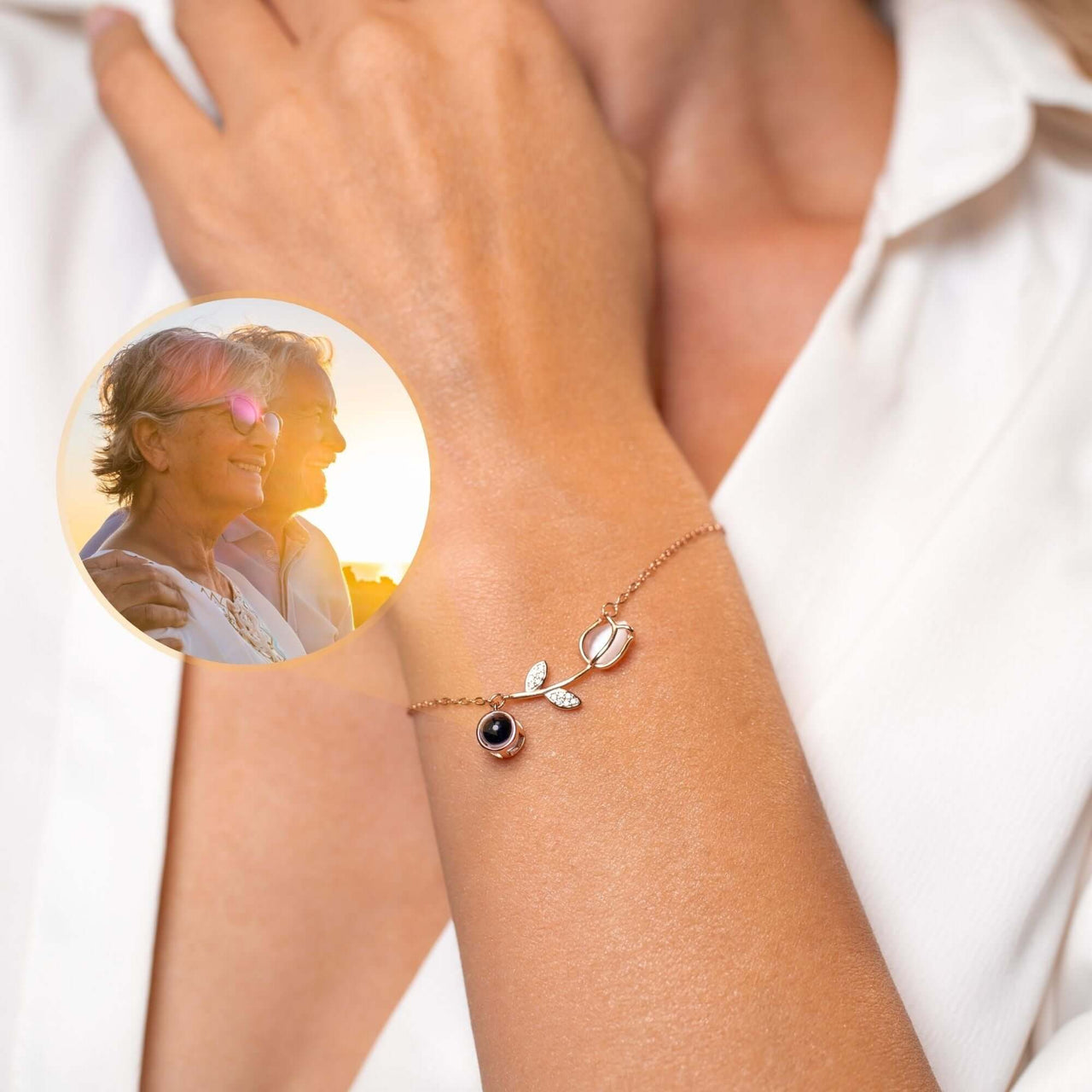 Tulip Photo Bracelet worn on wrist, featuring tulip charm and hidden photo projection for personalized memories by Brother & Sisters.
