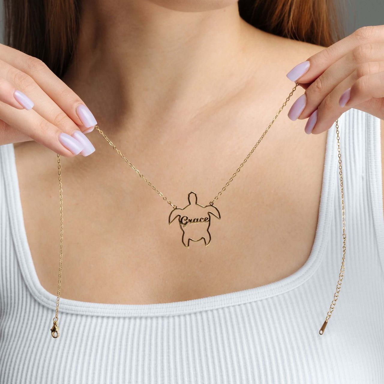 Turtle Name Necklace by Brother & Sisters featuring customizable name 'Grace' and unique turtle design.