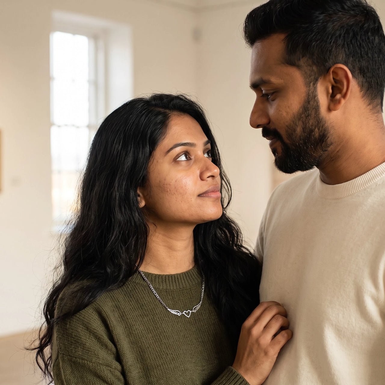 Woman wearing the silver necklace with her partner | SKU: 42004-silver