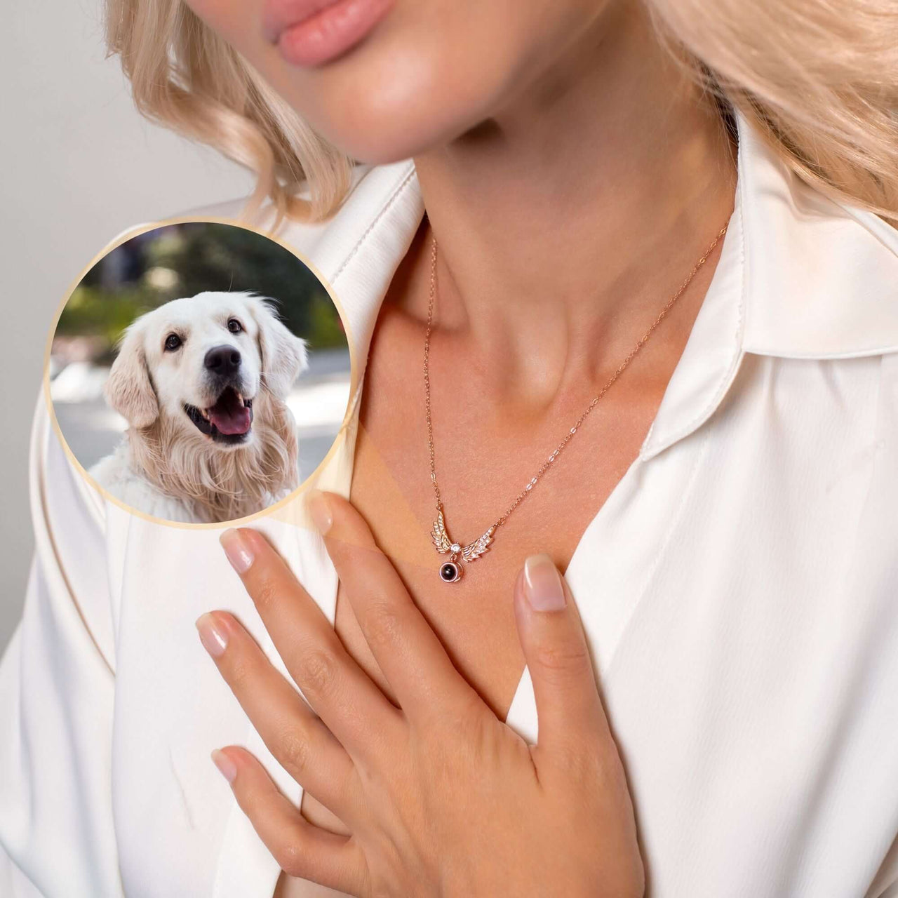 Wings Photo Necklace featuring personalized photo of a golden retriever, worn as a keepsake by Brother & Sisters.