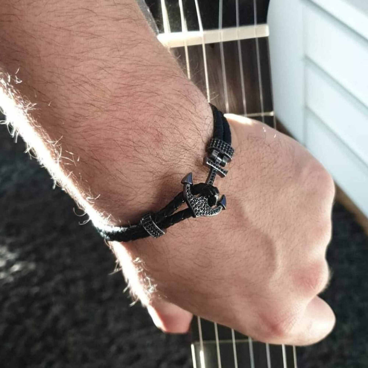 Man Bracelet -  Man Leather Bracelet - Black Anchor Bracelet - Men's Bracelet Bracelet Brother & Sisters
