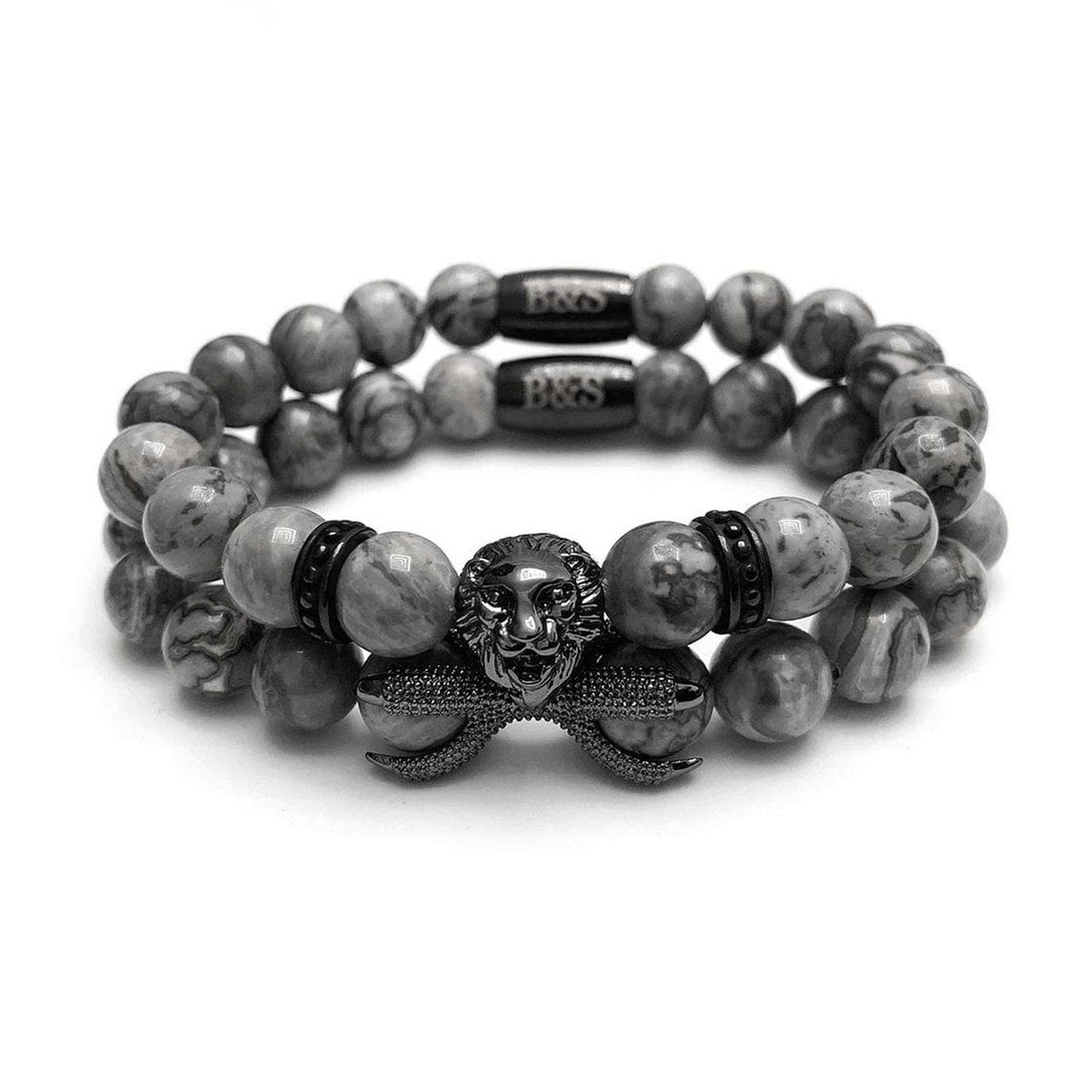Man Bracelets - Men’s Beaded Bracelets - Black Lion & Grey Stones Set - Men’s Bracelet Bracelet XS (14-15cm) Brother & Sisters
