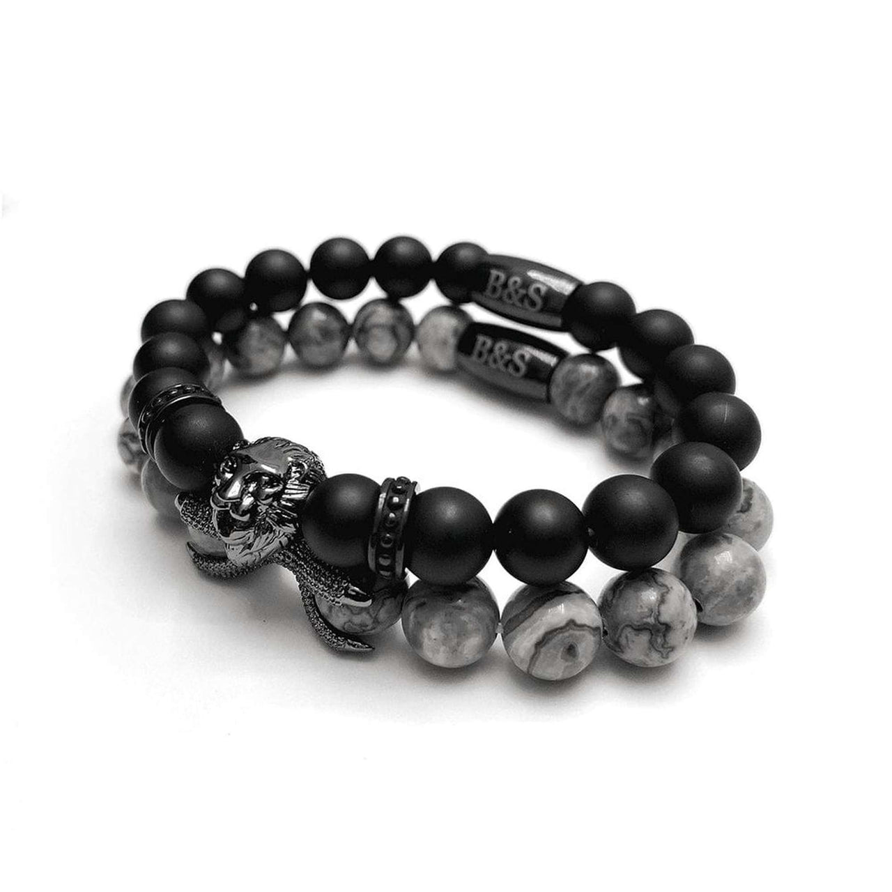 Man Bracelets - Men’s Beaded Bracelets - Black Lion with Black & Grey Stones Set - Men’s Bracelet Bracelet Brother & Sisters