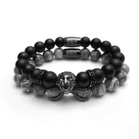 Thumbnail for Man Bracelets - Men’s Beaded Bracelets - Black Lion with Black & Grey Stones Set - Men’s Bracelet Bracelet XS (14-15cm) Brother & Sisters