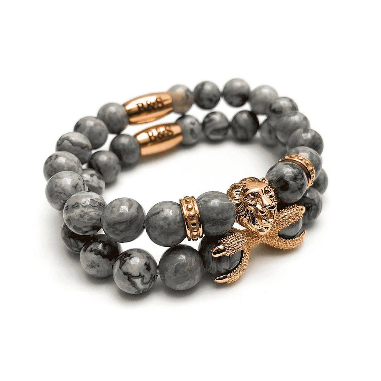 Man Bracelets - Men’s Beaded Bracelets - Rose Gold Lion & Grey Stones Bracelets Set - Mens Bracelet Bracelet Brother & Sisters