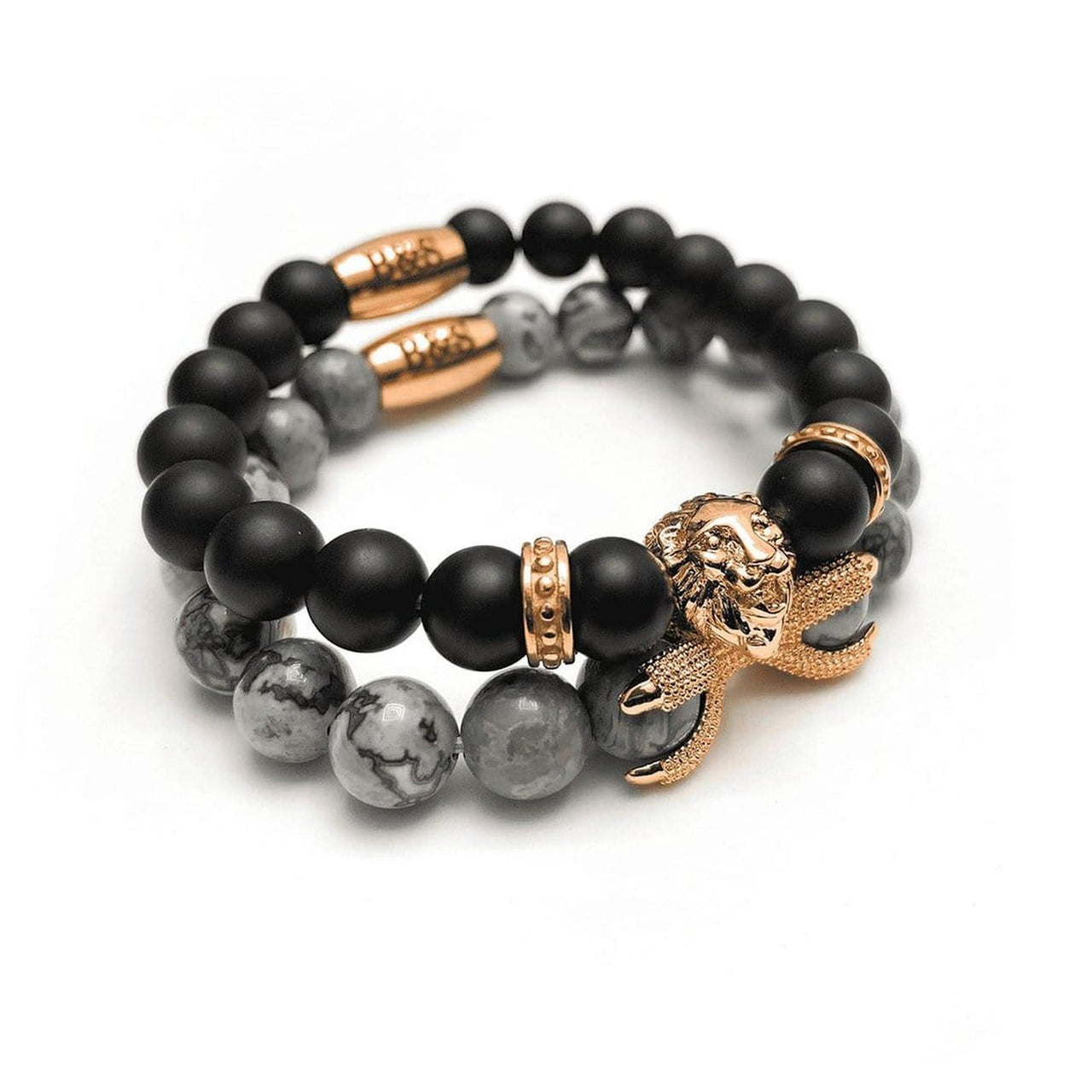 Man Bracelets - Men’s Beaded Bracelets - Rose Gold Lion with Black & Grey Stones Set - Mens Bracelet Bracelet Brother & Sisters