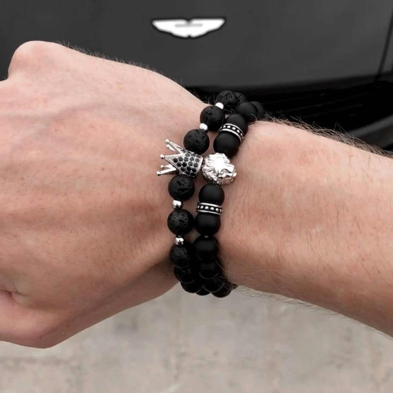 Man Bracelets - Men’s Beaded Bracelets - White Gold Crowned Lion Set - Men’s Bracelet Bracelet Brother & Sisters
