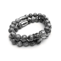 Thumbnail for Man Bracelets - Men’s Beaded Bracelets - White Gold Lion & Grey Stones Set - Men’s Bracelet Bracelet Brother & Sisters