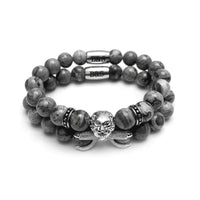 Thumbnail for Man Bracelets - Men’s Beaded Bracelets - White Gold Lion & Grey Stones Set - Men’s Bracelet Bracelet XS (14-15cm) Brother & Sisters