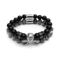 Thumbnail for Man Bracelets - Men’s Beaded Bracelets - White Gold Lion with Black & Grey Stones Set - Men’s Bracelet Bracelet XS (14-15cm) Brother & Sisters